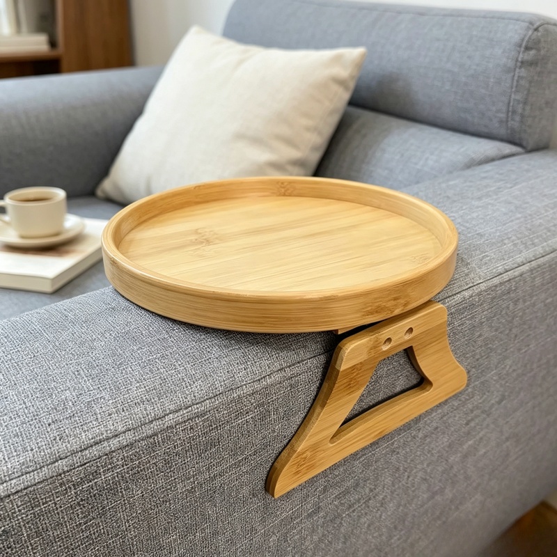 Desktop Organizer Bamboo - Clip-On Natural Wood Sofa Armrest Tray,